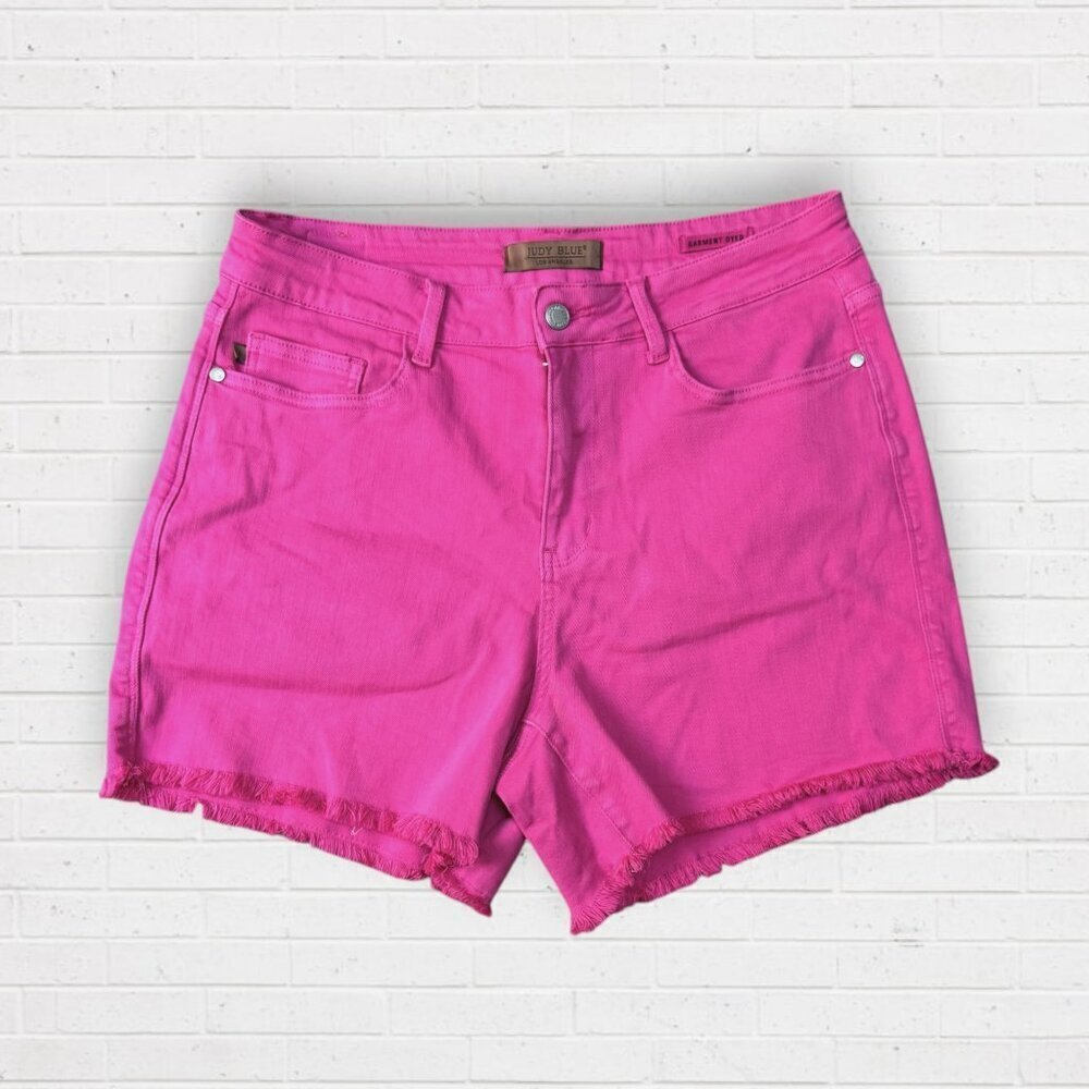 NEW Judy Blue Pink Garment Dyed Stretch Denim Shorts 1XL Frayed Hem Plus Size